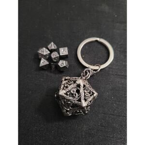 Mini DND silver gamer keychain dice set, 6mm set of 7 polyhedral dice in D20
